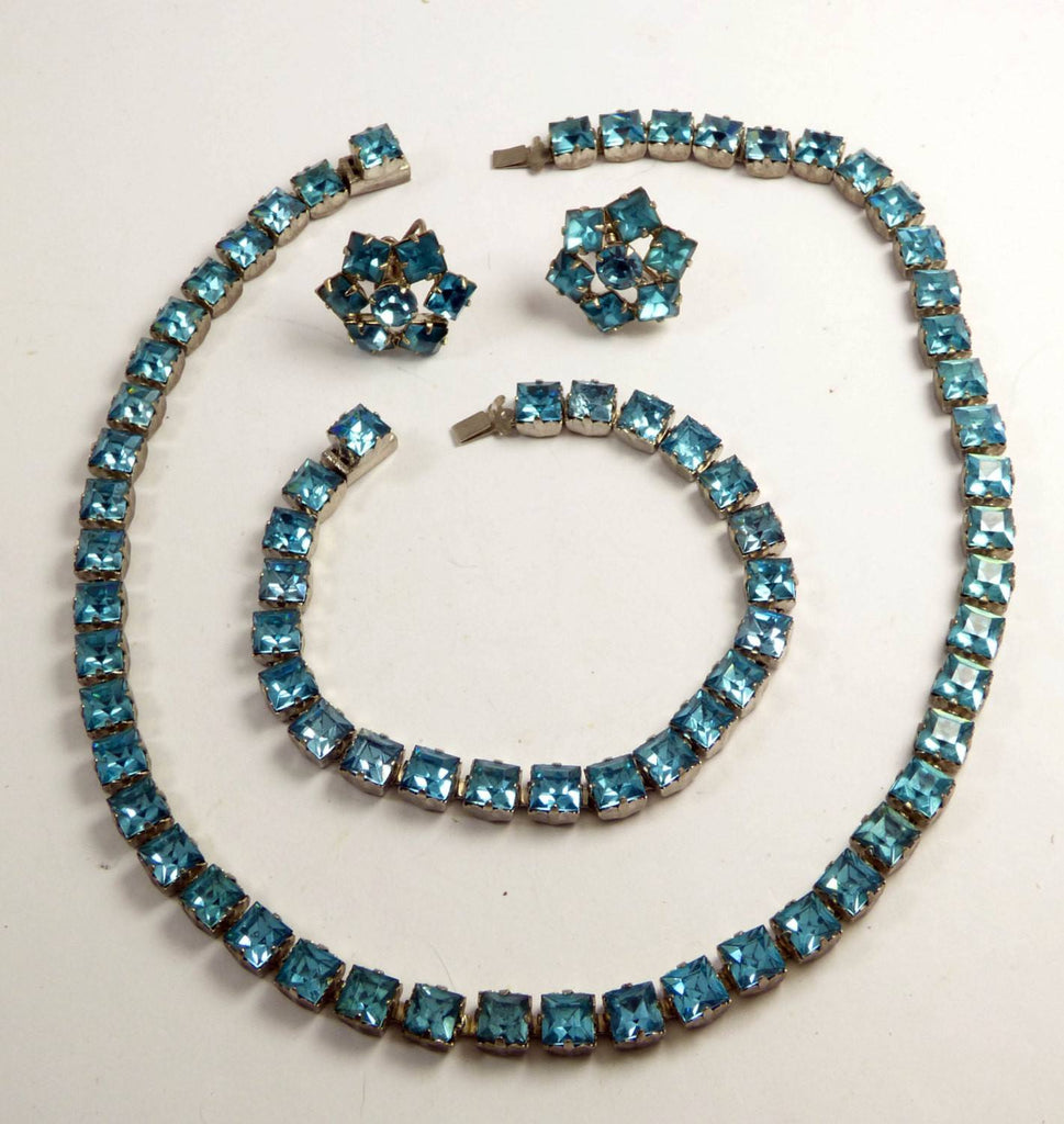 Vintage Art Deco Blue Square Rhinestone Choker Necklace Bracelet Clip Earring Set