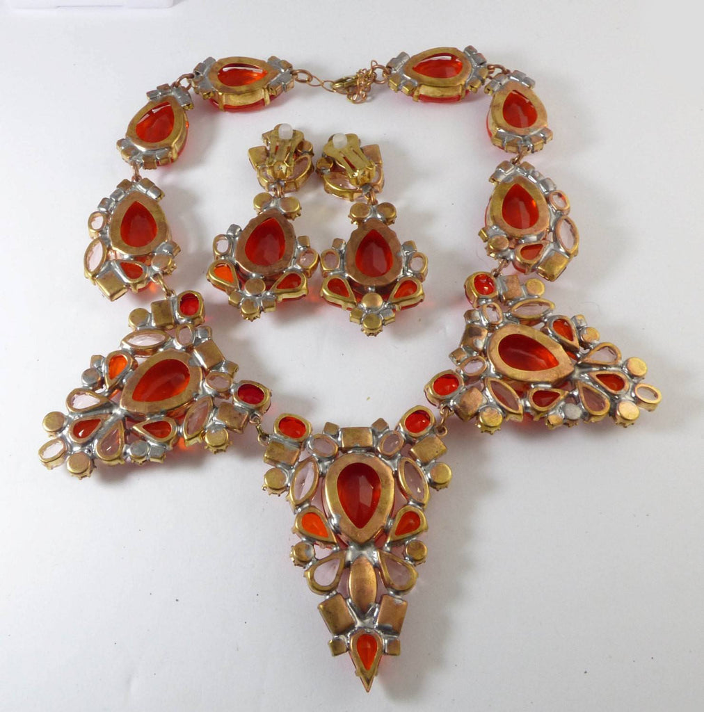 Huge Rhinestone Set Designed in Hyacinth and Pink Colors with matching Clip Earrings, Czech glass - Vintage Lane Jewelry