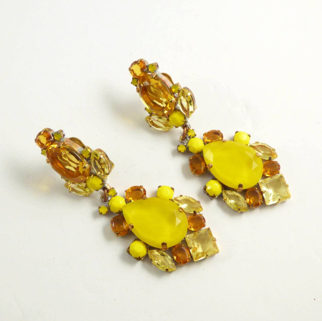 Czech Glass Amber and Yellow Rhinestone Clip Earrings