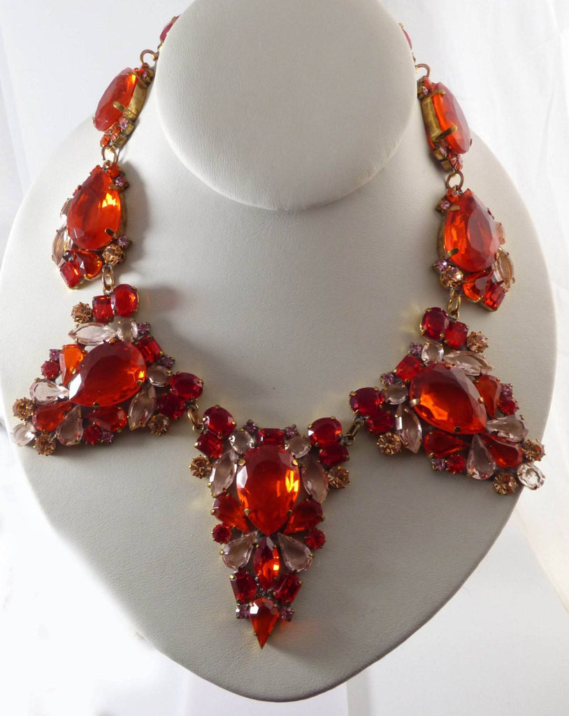 Huge Rhinestone Set Designed in Hyacinth and Pink Colors with matching Clip Earrings, Czech glass - Vintage Lane Jewelry