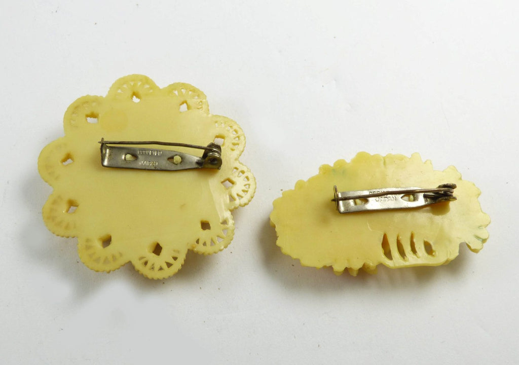 Celluloid Occupied Japan Carved Flower Brooch Pair - Vintage Lane Jewelry