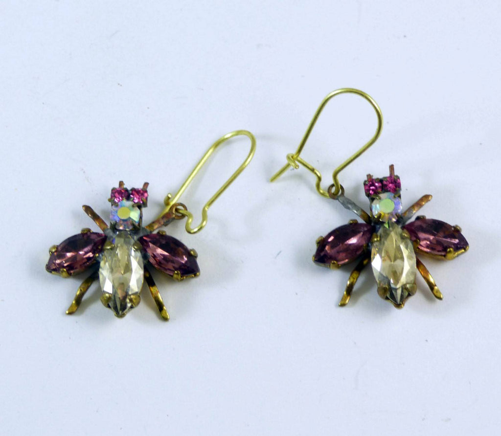 Czech Glass Rhinestone Fly Earrings, Purple and Clear