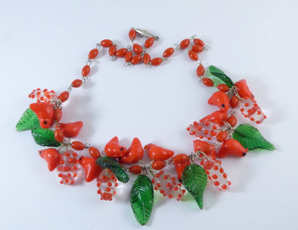 Murano Red Glass Birds and Leaves Necklace