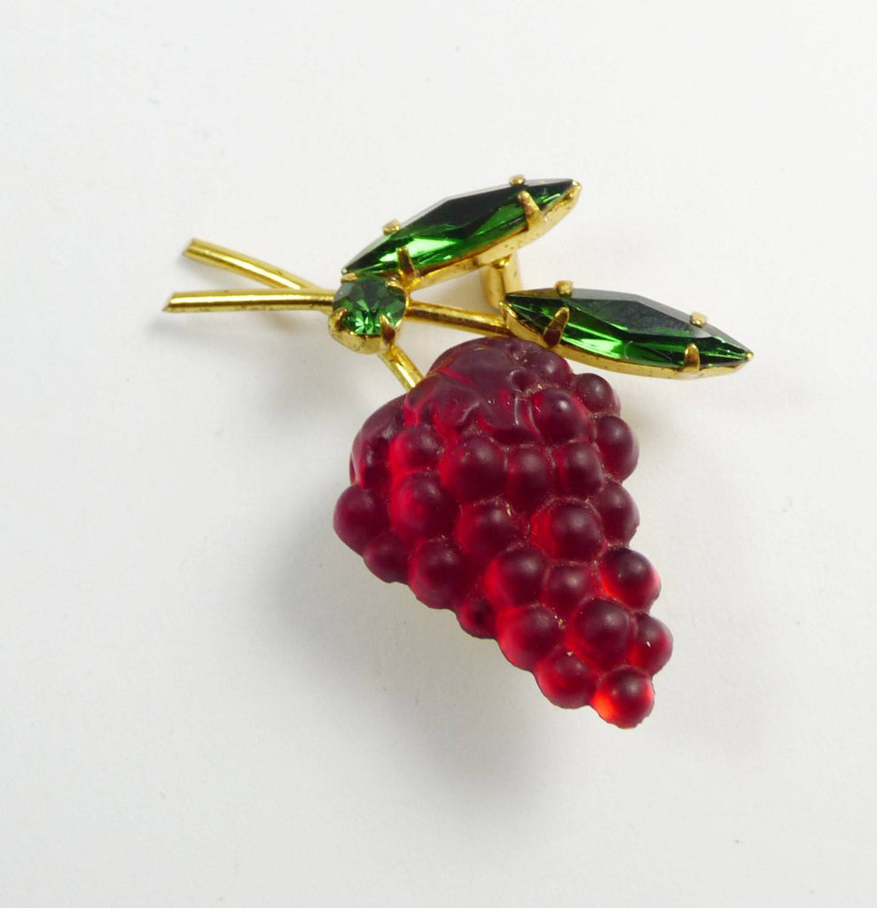 Vintage Austrian Red Grapes Green Glass Leaves Figural Pin
