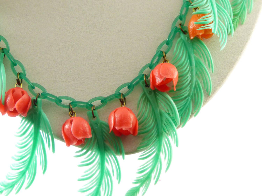 Vintage Early Soft Plastic Celluloid Leaves and Roses Necklace - Vintage Lane Jewelry