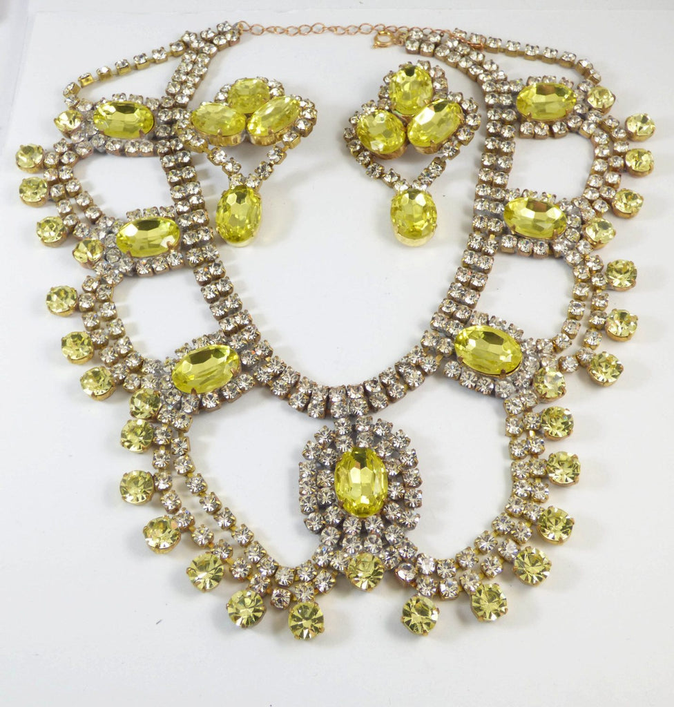 Czech Glass Bold Statement Set, Yellow Gold Rhinestones surrounded by Clear glass Stones, Matching Clip Earrings
