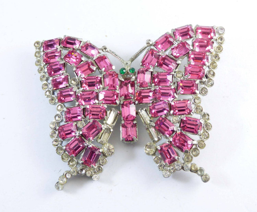 Huge Vintage Czech Art Deco Pink Glass Foiled Butterfly Brooch