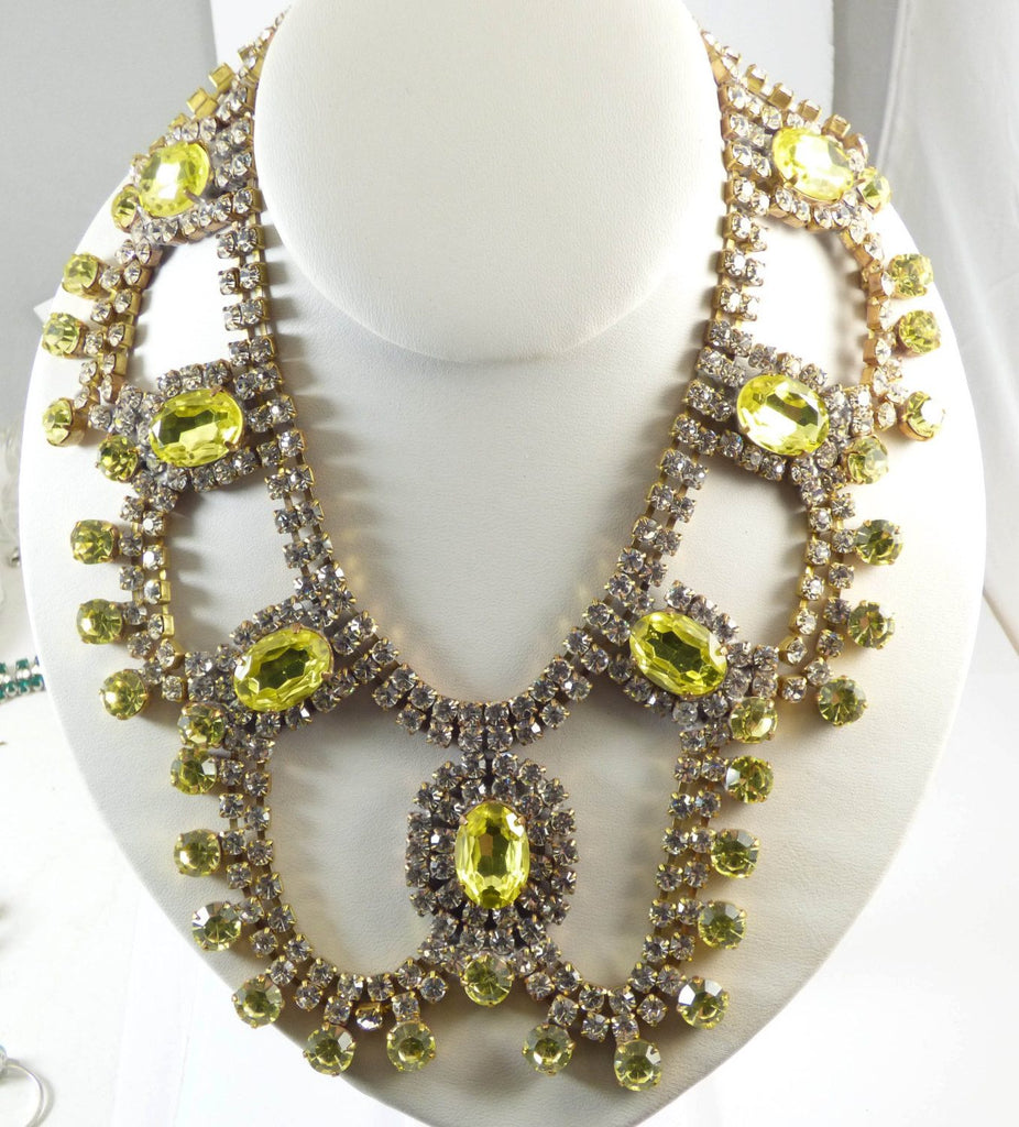 Czech Glass Bold Statement Set, Yellow Gold Rhinestones surrounded by Clear glass Stones, Matching Clip Earrings - Vintage Lane Jewelry