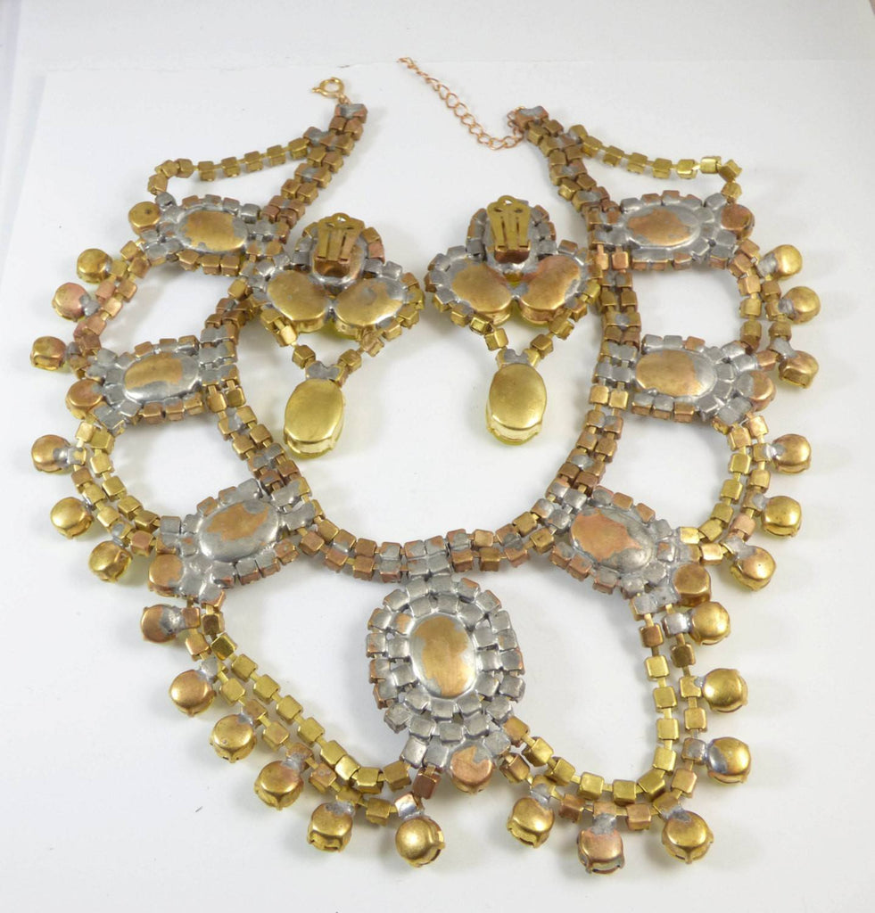 Czech Glass Bold Statement Set, Yellow Gold Rhinestones surrounded by Clear glass Stones, Matching Clip Earrings - Vintage Lane Jewelry