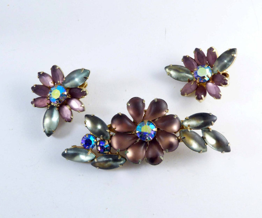 Flower Demi Parure in Shades Of Purple with AB Rhinestones
