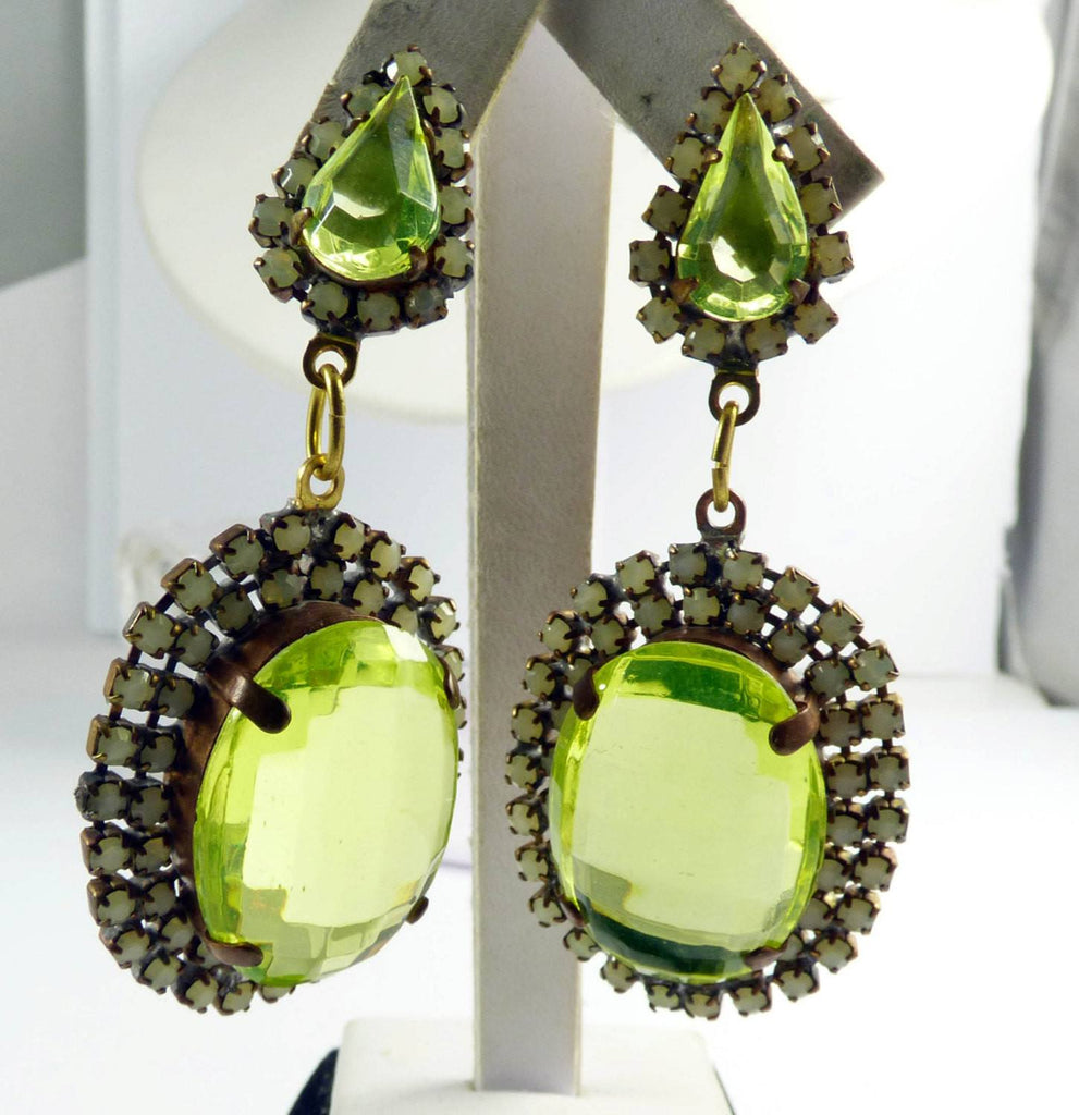 Czech Vaseline Uranium Glass Oval Pierced Style Earrings