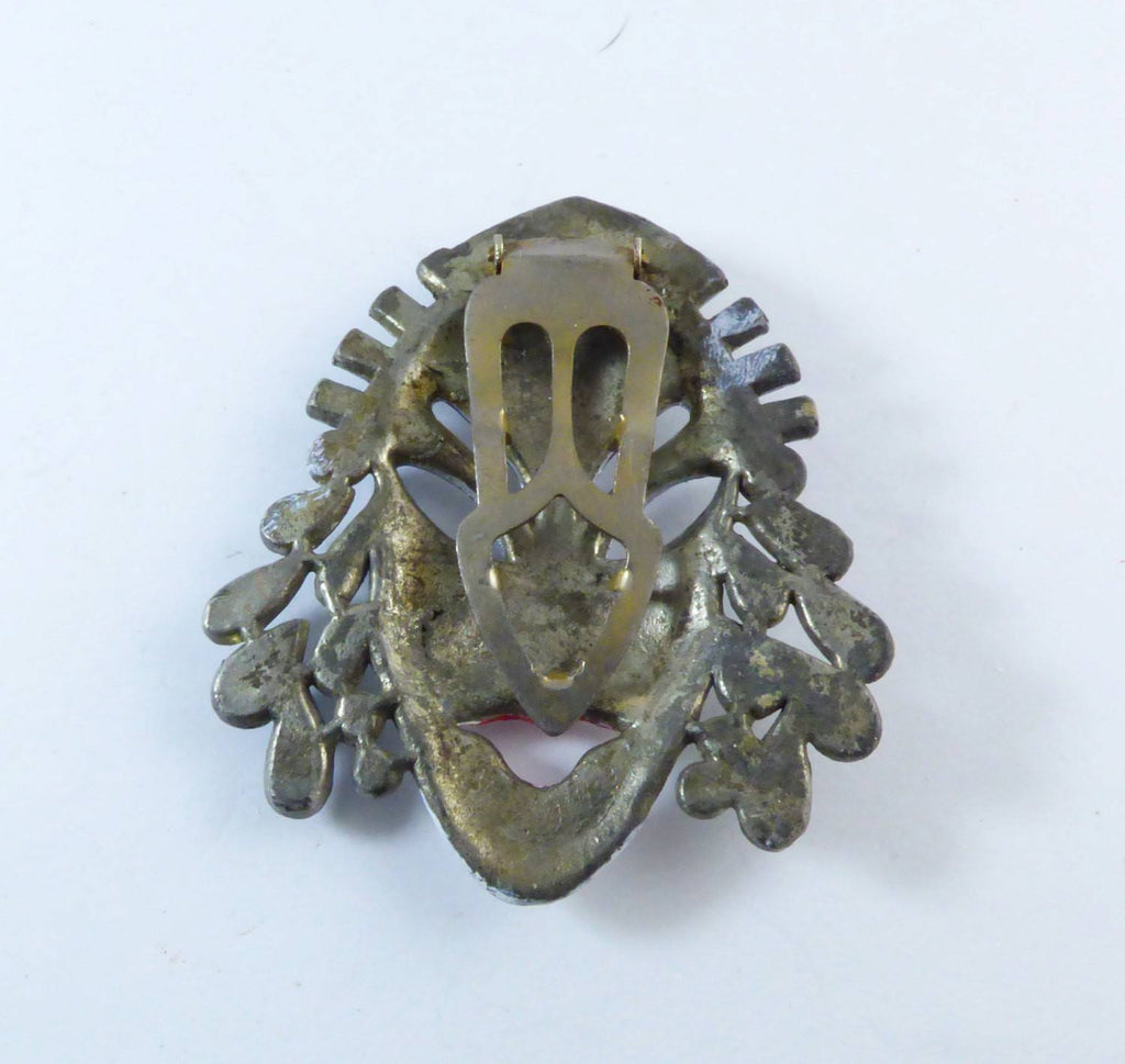 Antique Dress Clip Asian White Painted Face on Pot Metal, Rhinestone - Vintage Lane Jewelry