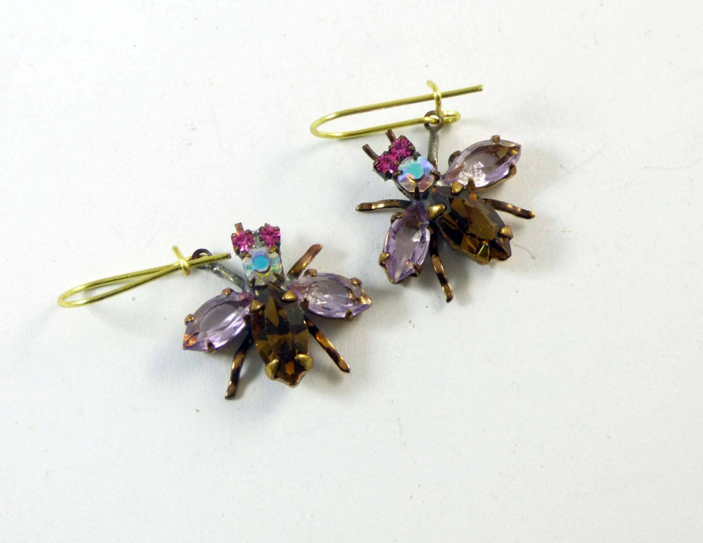 Cute Czech Glass Rhinestone Fly Earrings, lavender and brown