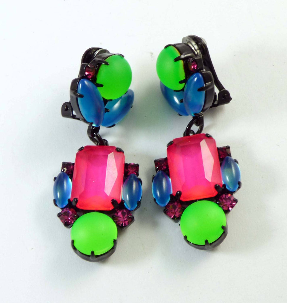 Czech Multicolored Pastel Neon Japanned Clip Earrings