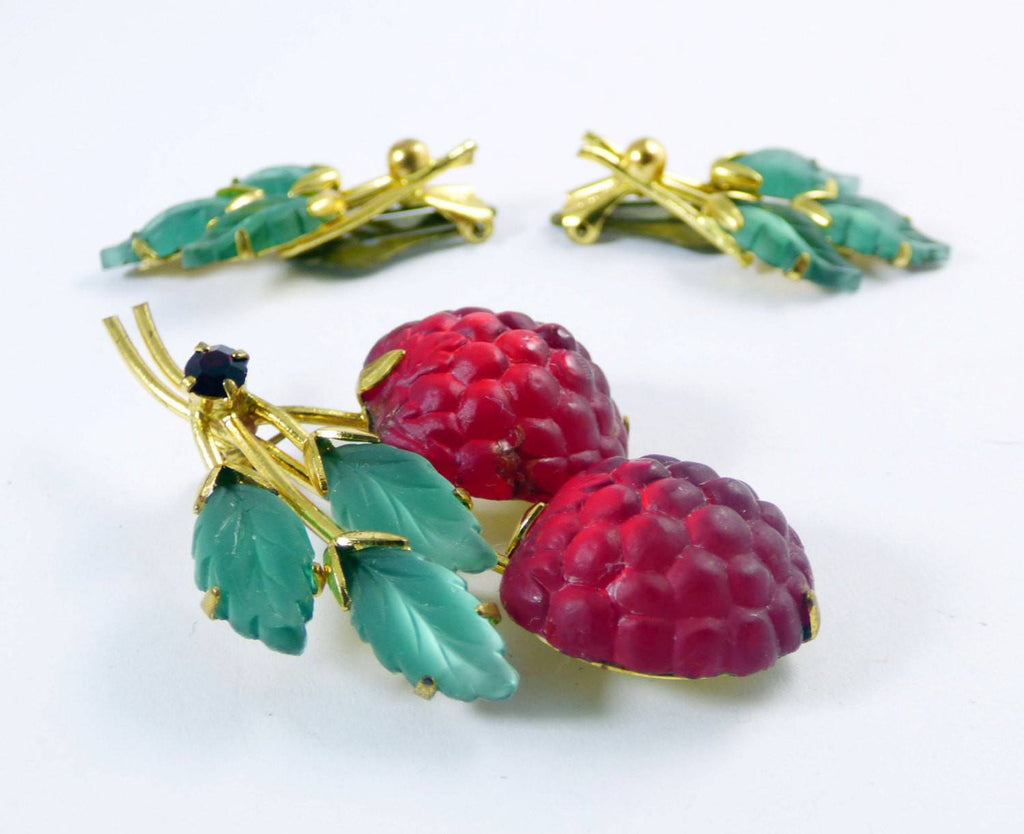 Vintage Signed Austria Red Berry and Leaf Molded Glass Demi Parure, Brooch and Clip Earrings Set - Vintage Lane Jewelry