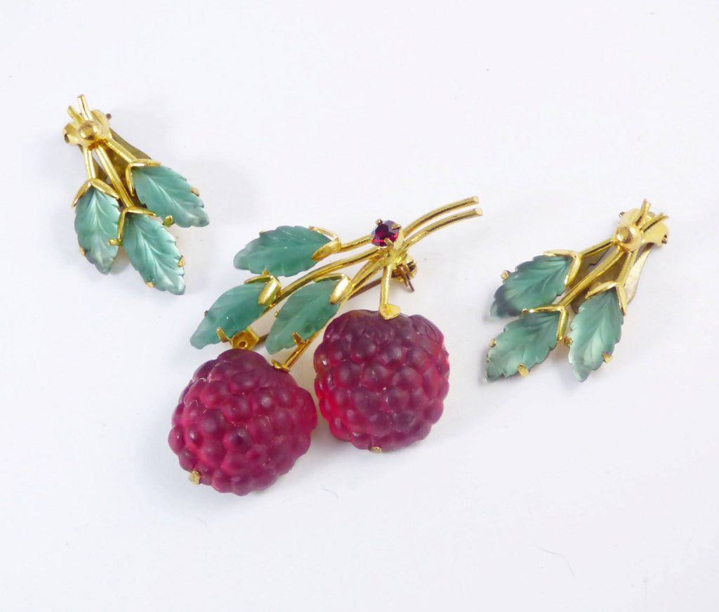 Vintage Signed Austria Red Berry and Leaf Molded Glass Demi Parure, Brooch and Clip Earrings Set - Vintage Lane Jewelry
