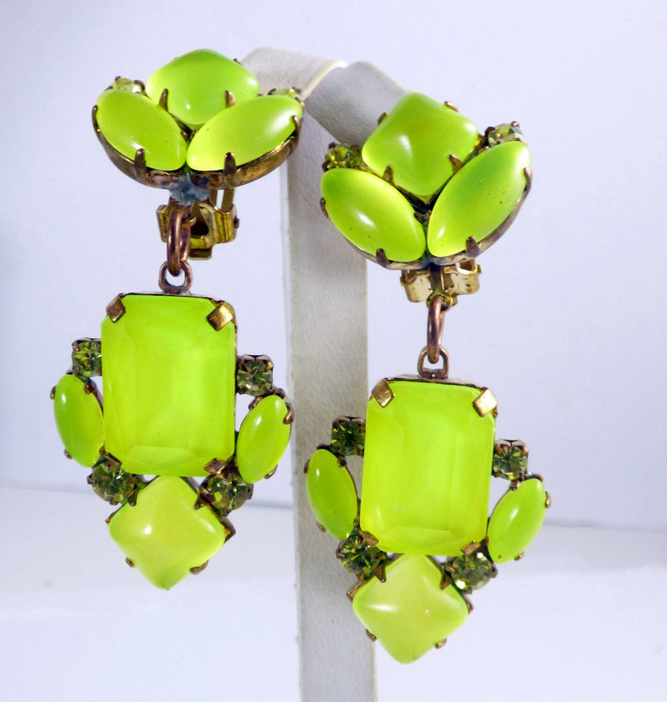 Czech Neon Yellow Clip Earrings
