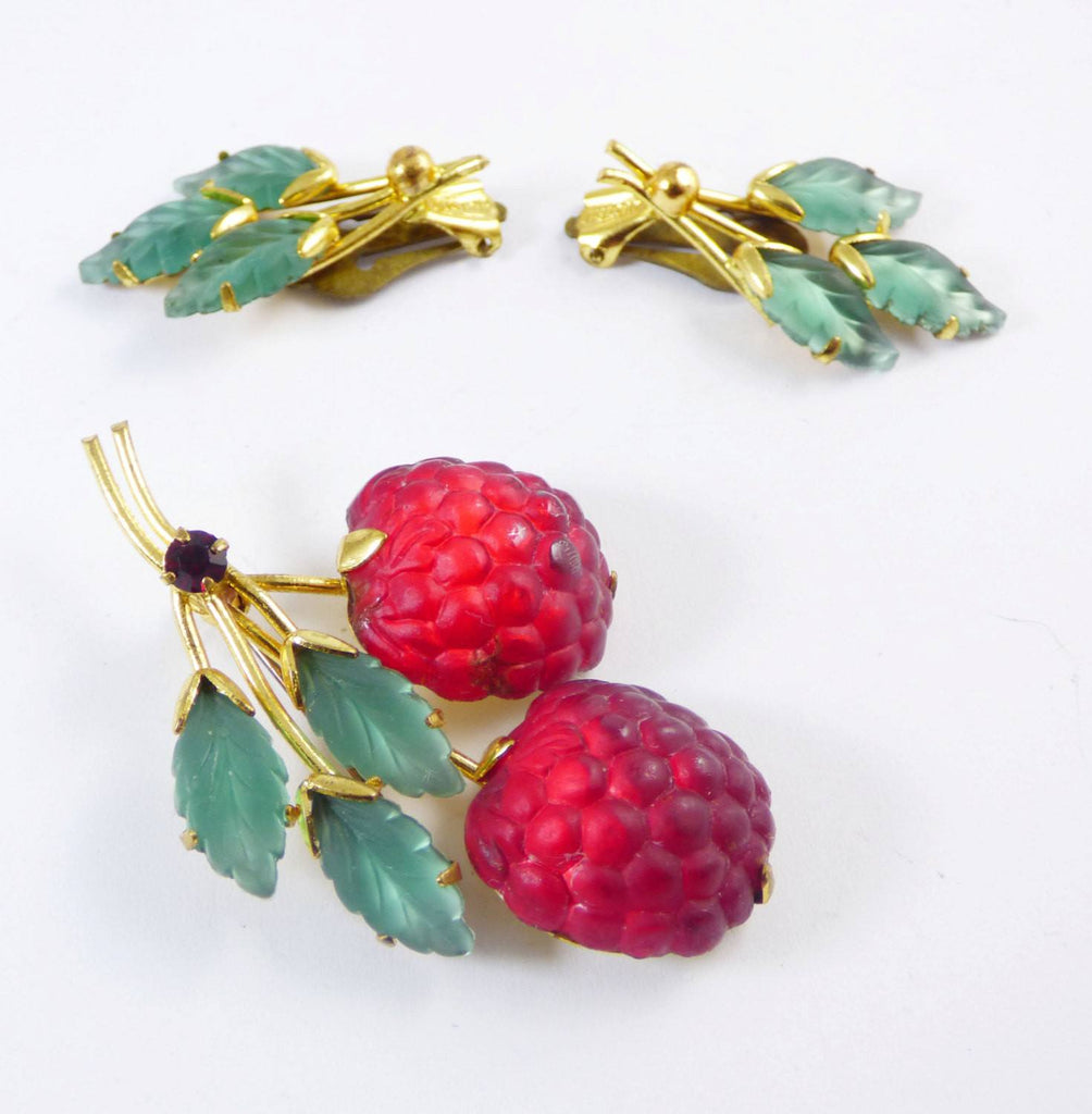 Vintage Signed Austria Red Berry and Leaf Molded Glass Demi Parure, Brooch and Clip Earrings Set - Vintage Lane Jewelry