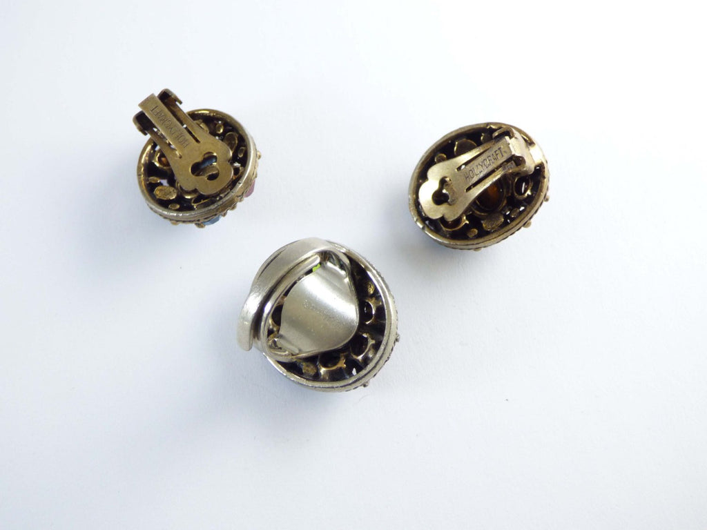 Hollycraft pastel Rhinestone Fruit Salad Clip Earrings and Ring - Vintage Lane Jewelry