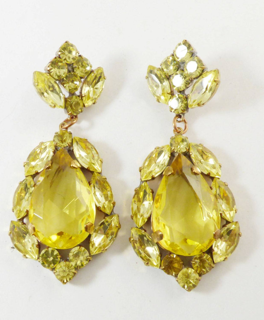 Yellow Czech Glass Huge Dangling Pierced Earrings