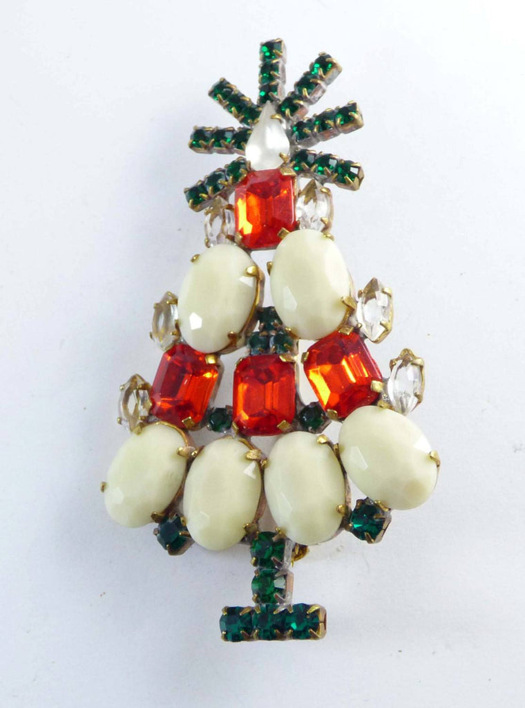 Czech Glass Opaque White and Red Rhinestone Husar D. Christmas Tree Pin, X-mas pin, Holiday Brooch