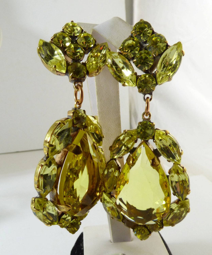 Yellow Czech Glass Huge Dangling Pierced Earrings - Vintage Lane Jewelry
