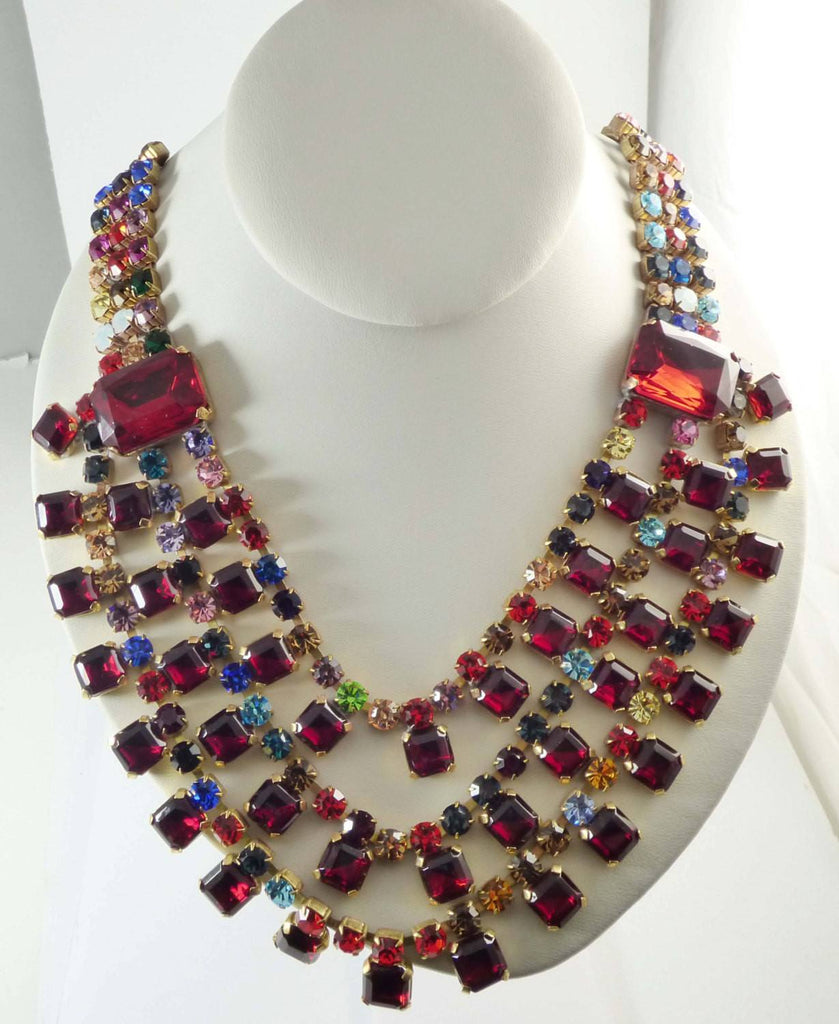 Huge Statement Multicolored Czech Glass Rhinestone 3 Row Necklace