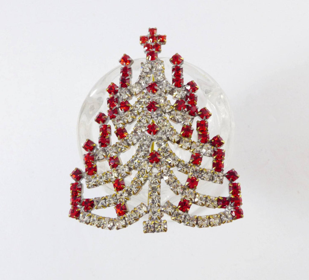 Czech Glass Red and Clear Rhinestone Christmas Tree Brooch, Xmas Pin, Holiday Brooch