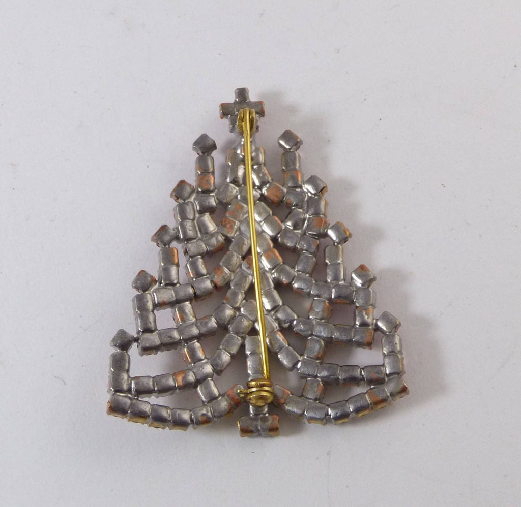 Czech Glass Red and Clear Rhinestone Christmas Tree Brooch, Xmas Pin, Holiday Brooch - Vintage Lane Jewelry