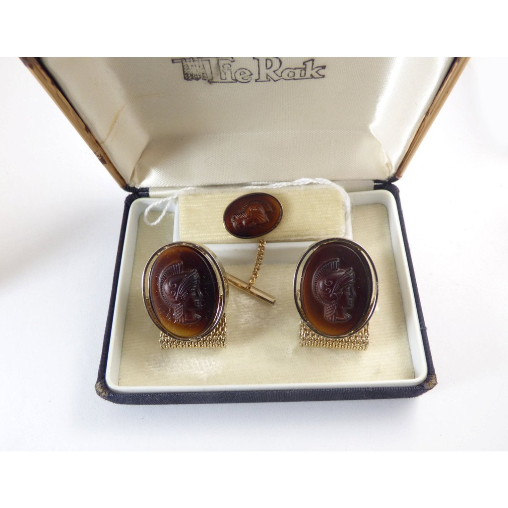 Trojan Soldier Cameo Celluloid Cufflinks and Tie Tack Set in Original Box