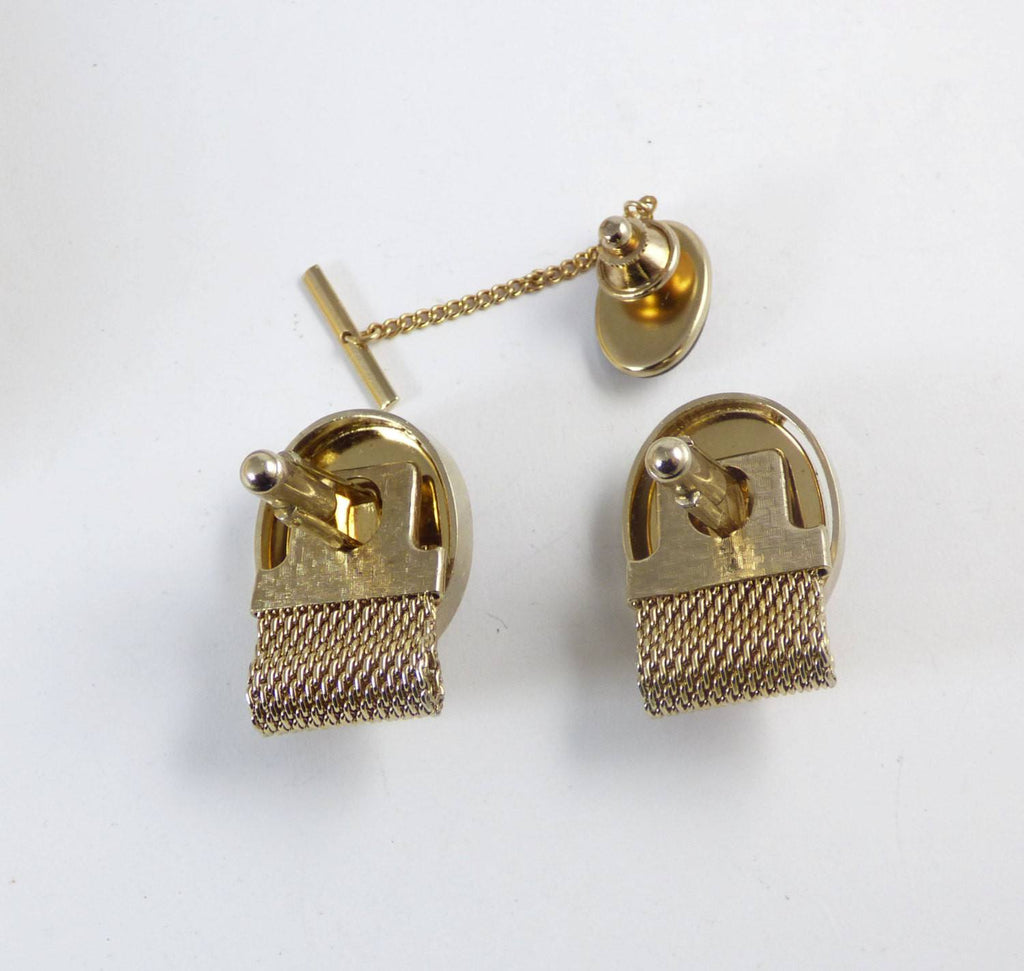 Trojan Soldier Cameo Celluloid Cufflinks and Tie Tack Set in Original Box - Vintage Lane Jewelry