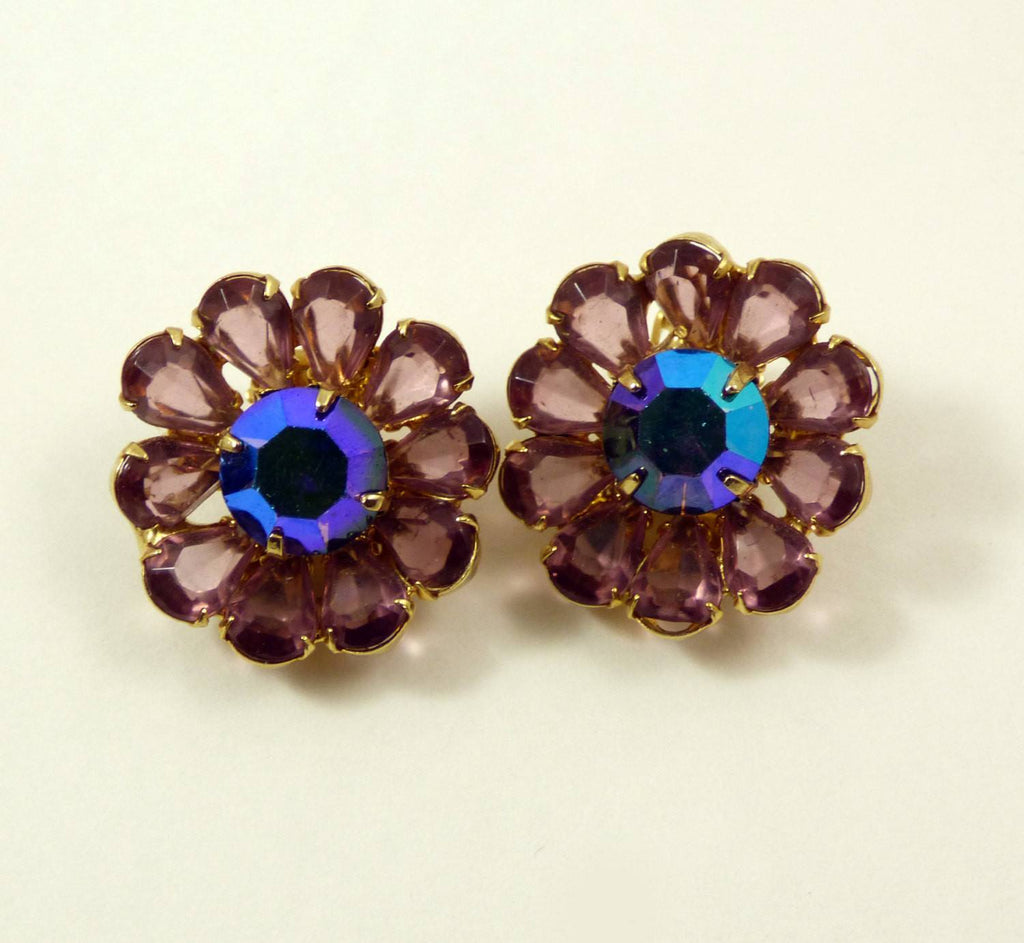 Vintage Weiss Lavender Glass Blue AB Rhinestone Flower Clip Earrings
