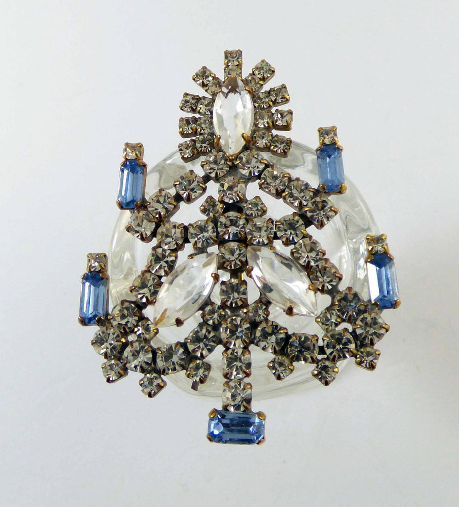 Czech Glass Clear Rhinestone Blue Candles Christmas Tree Pin, X-mas pin, Holiday Brooch