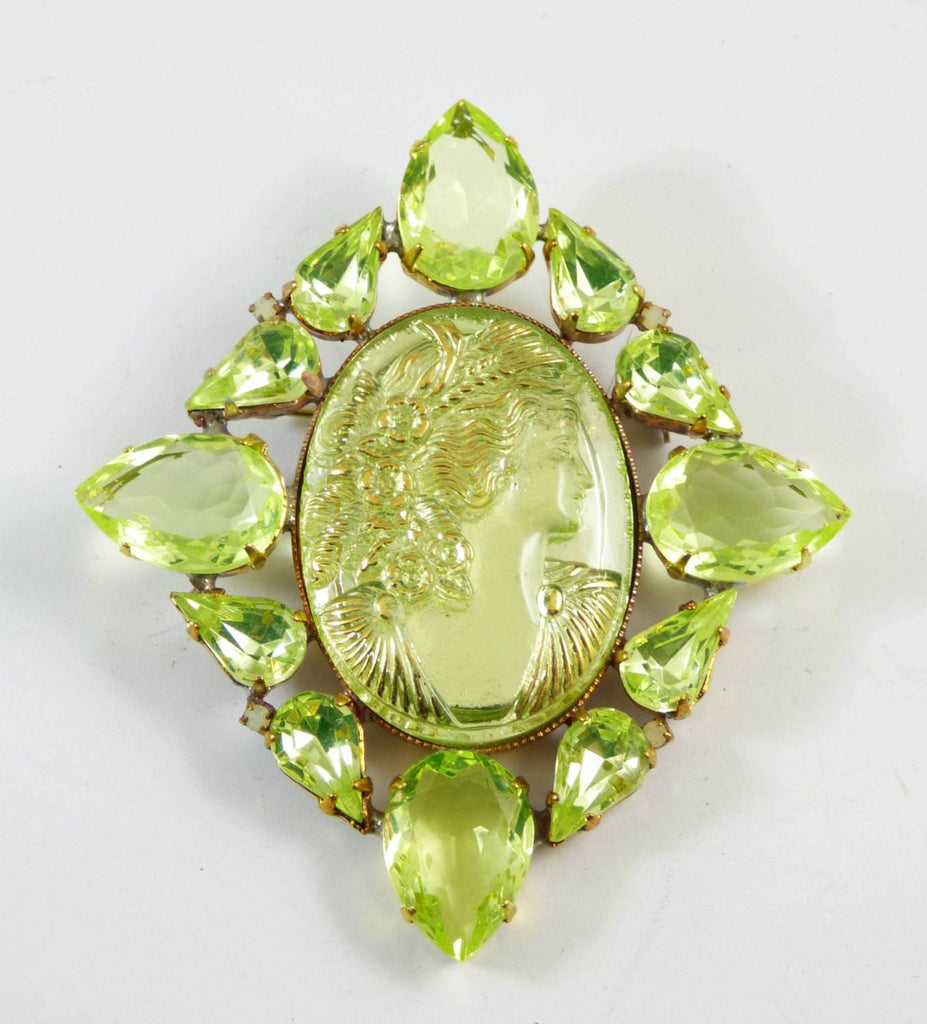 Czech Vaseline Uranium Glass Cameo Pin
