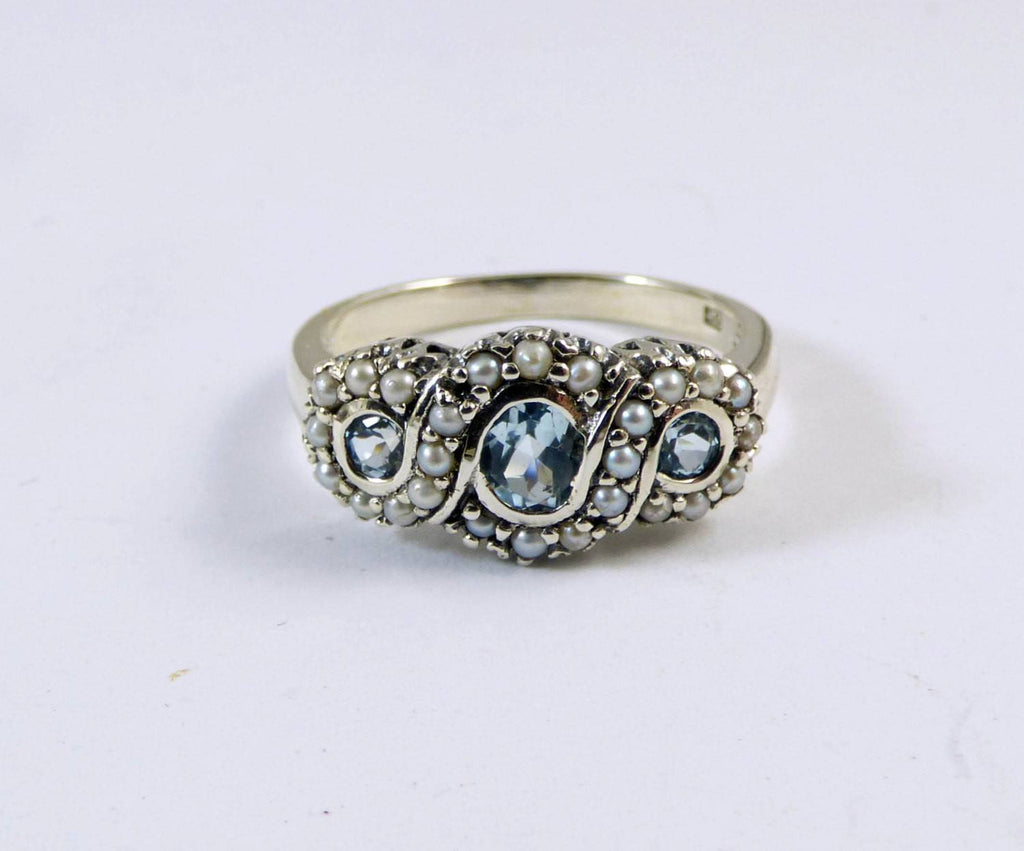 Edwardian Revival Natural Aquamarine and Seed Pearl Sterling Silver Ring