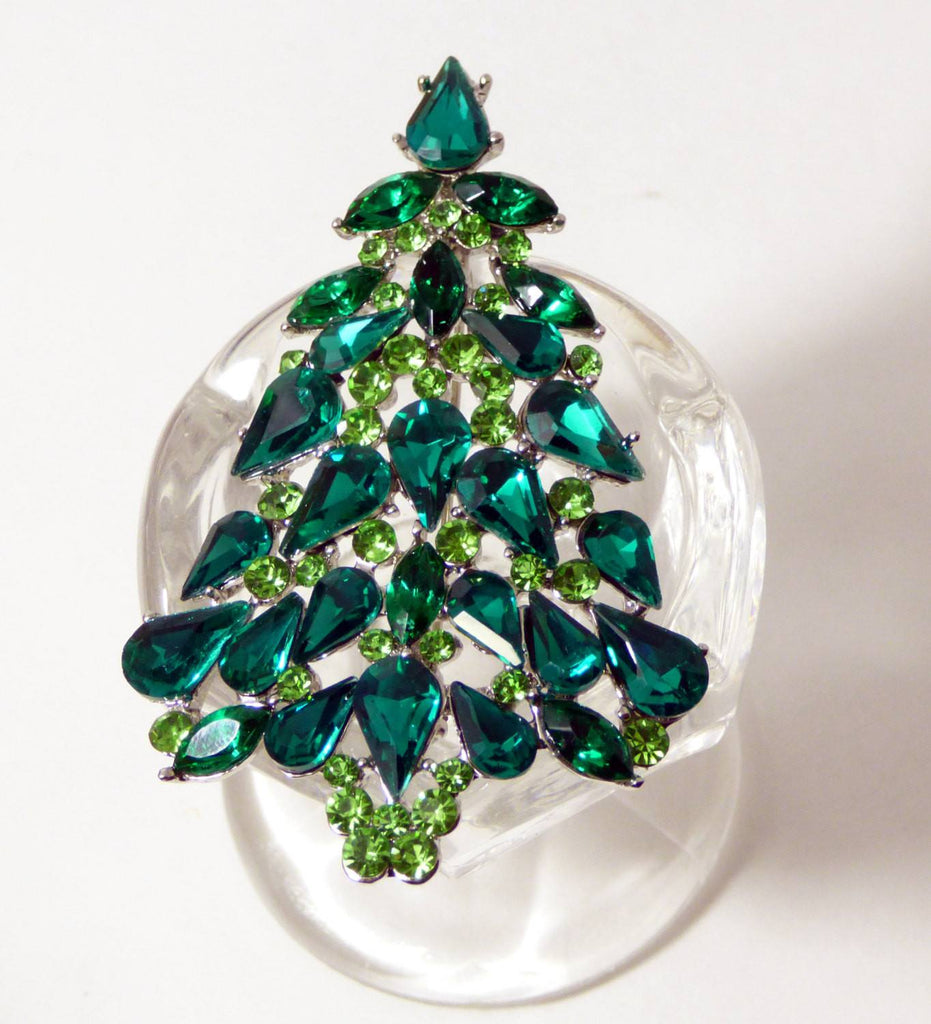 Rhinestone Green Glass Christmas Tree Pin, Holiday Brooch, X-mas Pin
