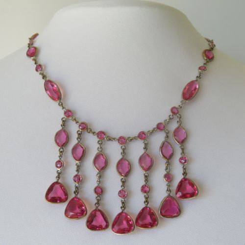 Vintage Art Deco Open Back Bezel Set Pink Crystal Dangle Bib Necklace