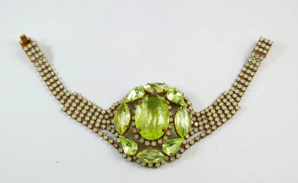 Czech Glass Vaseline Uranium Glass Large Face Bracelet - Vintage Lane Jewelry