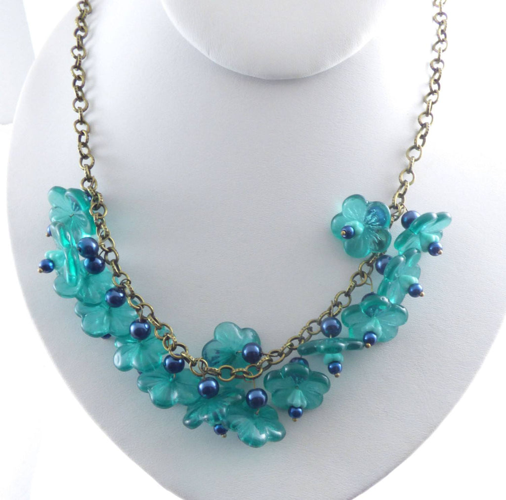 Glass Teal Colored Flowers with Dark Blue Beaded Brass Necklace - Vintage Lane Jewelry