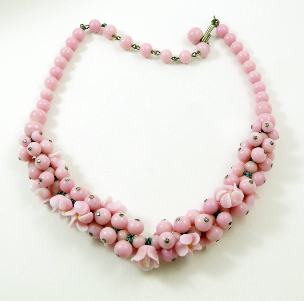 Vintage Early Venetian Pink Glass Bead Flower Necklace