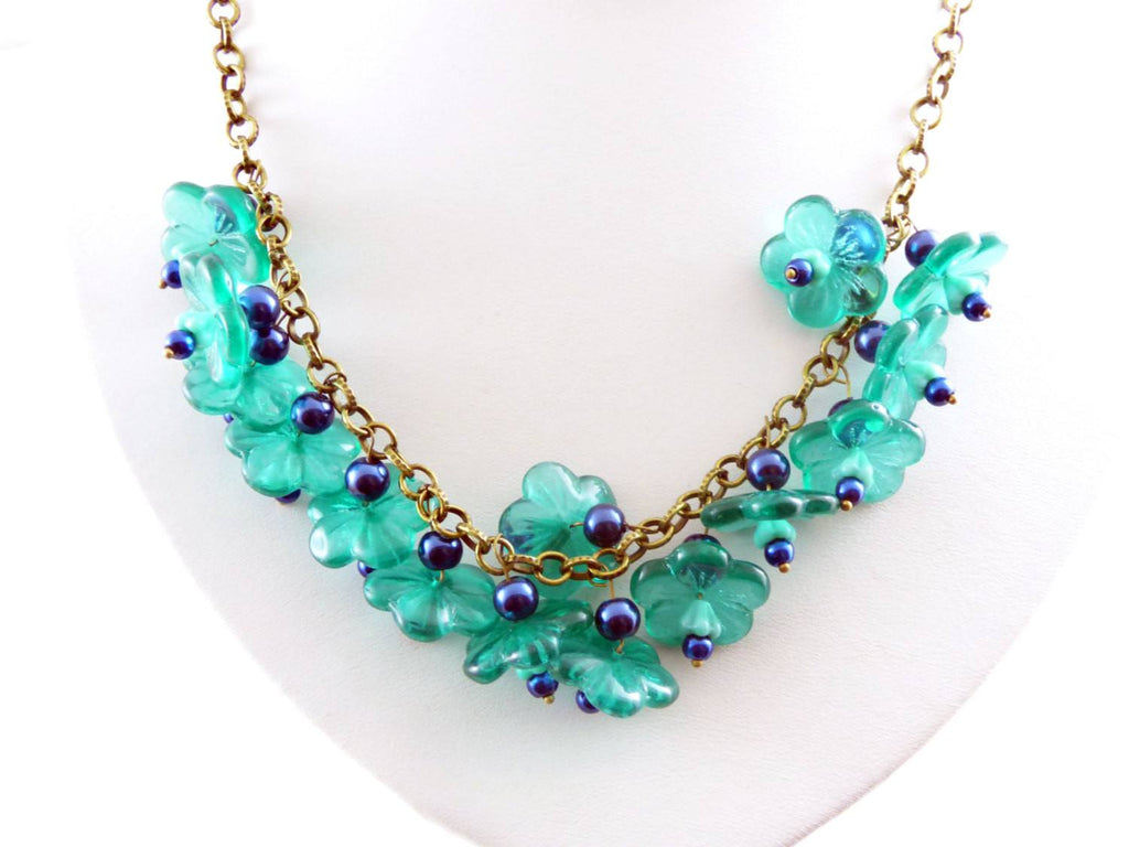 Glass Teal Colored Flowers with Dark Blue Beaded Brass Necklace - Vintage Lane Jewelry