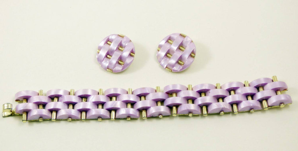 Vintage Pale Lilac Woven Thermoset Bracelet and Clip Earring Set
