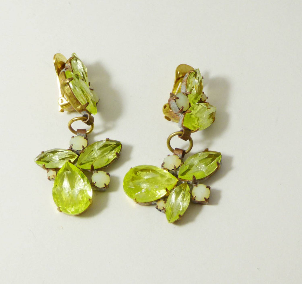 Vaseline Uranium Czech Glass Dangle Clip Earrings