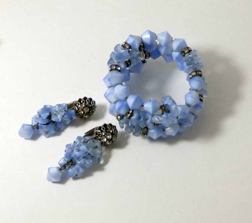 Miriam Haskell Early Blue Givre and Art Glass Wrap Bracelet Earring Set