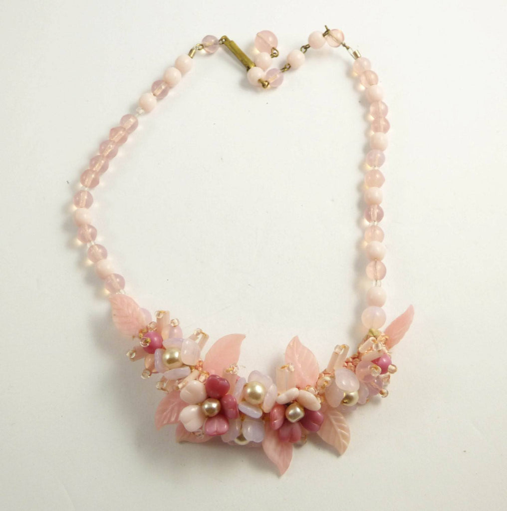 Vintage Pate de Verre Art Glass Pink Flower Necklace