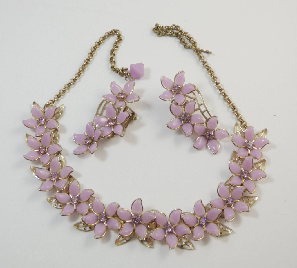 Vintage Lavender Rhinestone Plastic Flower Book Chain Necklace and Clip Earrings