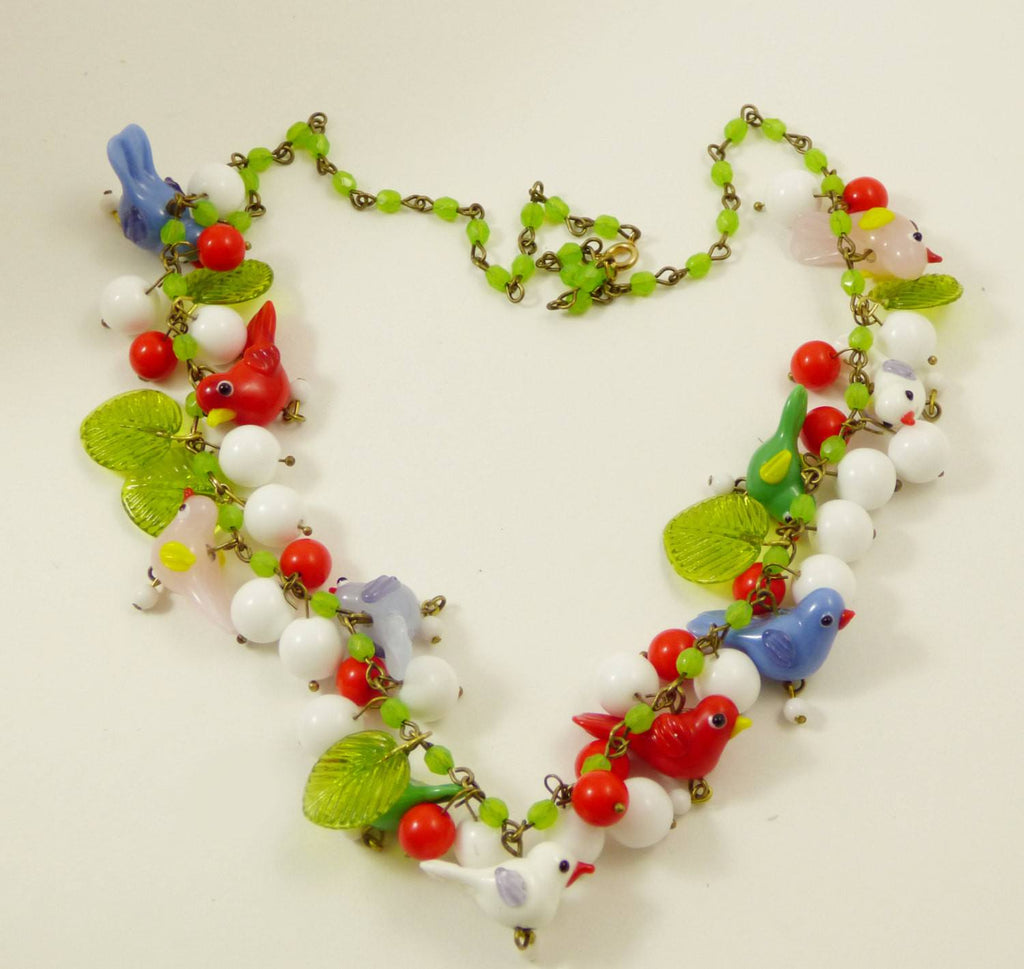Murano Glass Bird, Glass Leaves Beaded Necklace