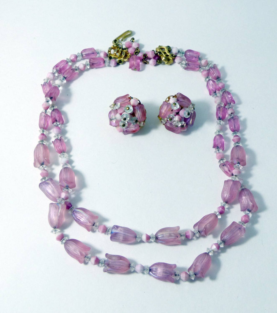 Vintage Hobe Pink Tulips Beaded Necklace and Clip Earrings - Vintage Lane Jewelry