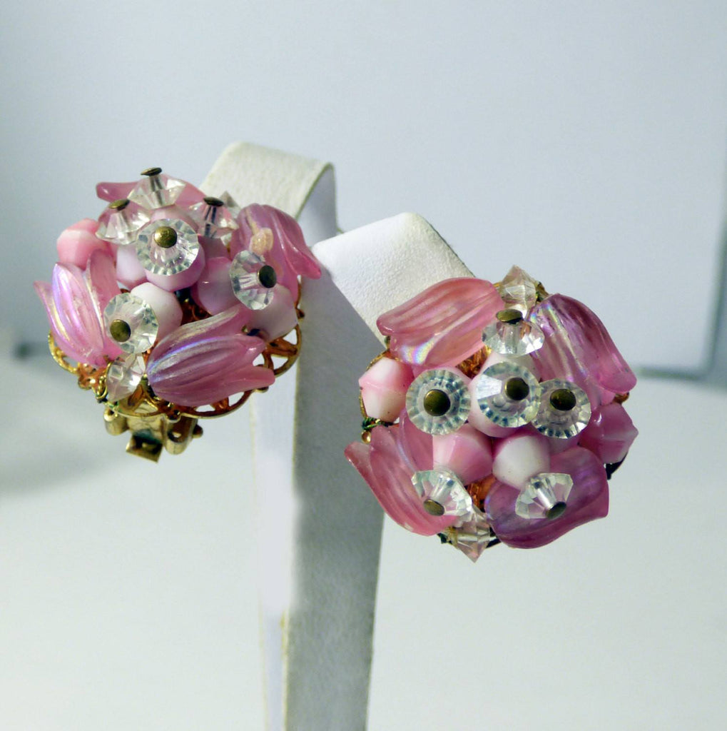 Vintage Hobe Pink Tulips Beaded Necklace and Clip Earrings - Vintage Lane Jewelry