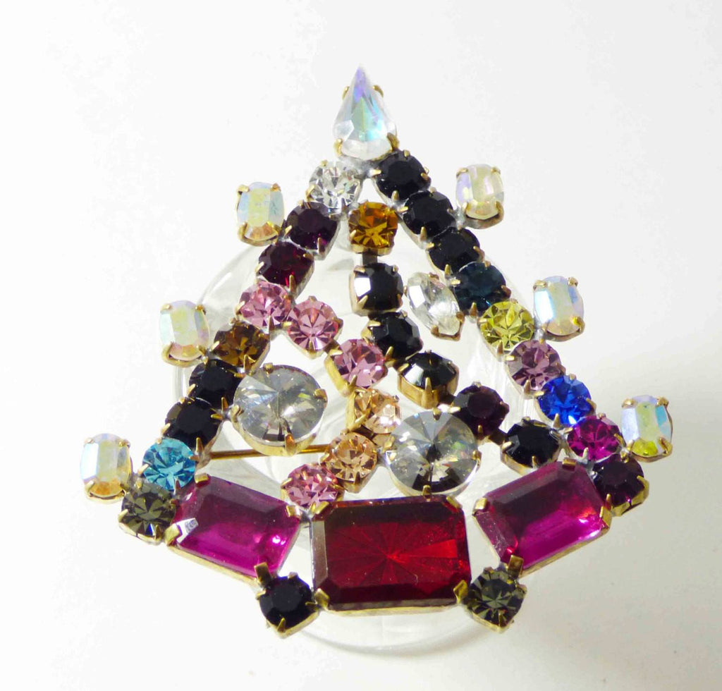 Signed Bijoux MG Rhinestone Christmas Tree Pin, Holiday brooch, X-mas Pin